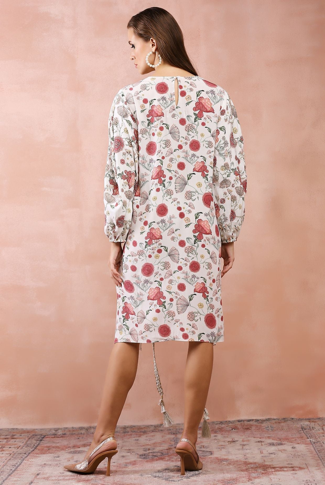 White gulbagh print front embroidered drawstring top
