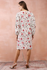White gulbagh print front embroidered drawstring top