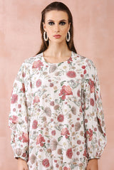 White gulbagh print front embroidered drawstring top