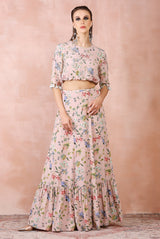 Rose pink nargis print embroidered balloon top with frill skirt