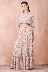 Rose pink nargis print embroidered balloon top with frill skirt