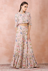 Rose pink nargis print embroidered balloon top with frill skirt
