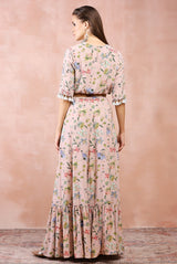 Rose pink nargis print embroidered balloon top with frill skirt