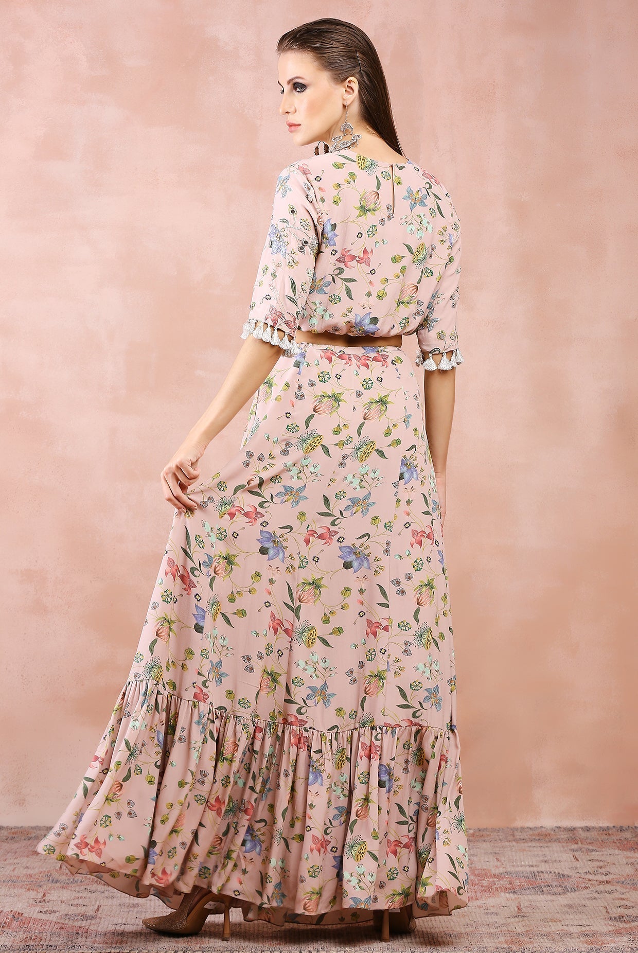 Rose pink nargis print embroidered balloon top with frill skirt