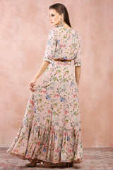 Rose pink nargis print embroidered balloon top with frill skirt