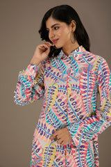 Blue Printed Roll-Up Sleeve Shirt Dress