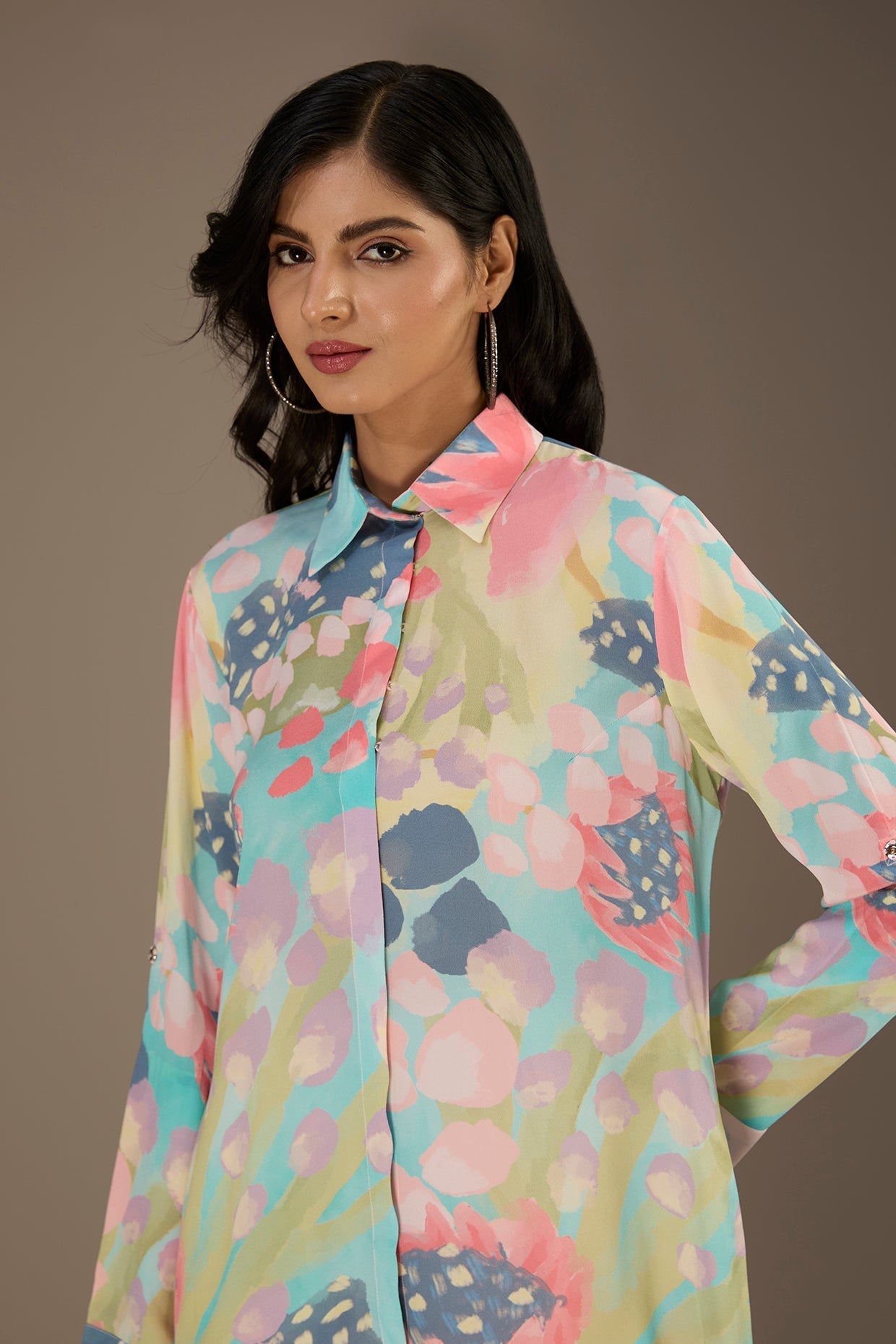 Euphoria Printed Roll-Up Sleeve Shirt Dress