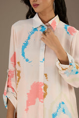 White Printed Roll-Up Sleeve Shirt Dress