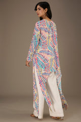 Blue Printed Crepe Tunic With Side Tail