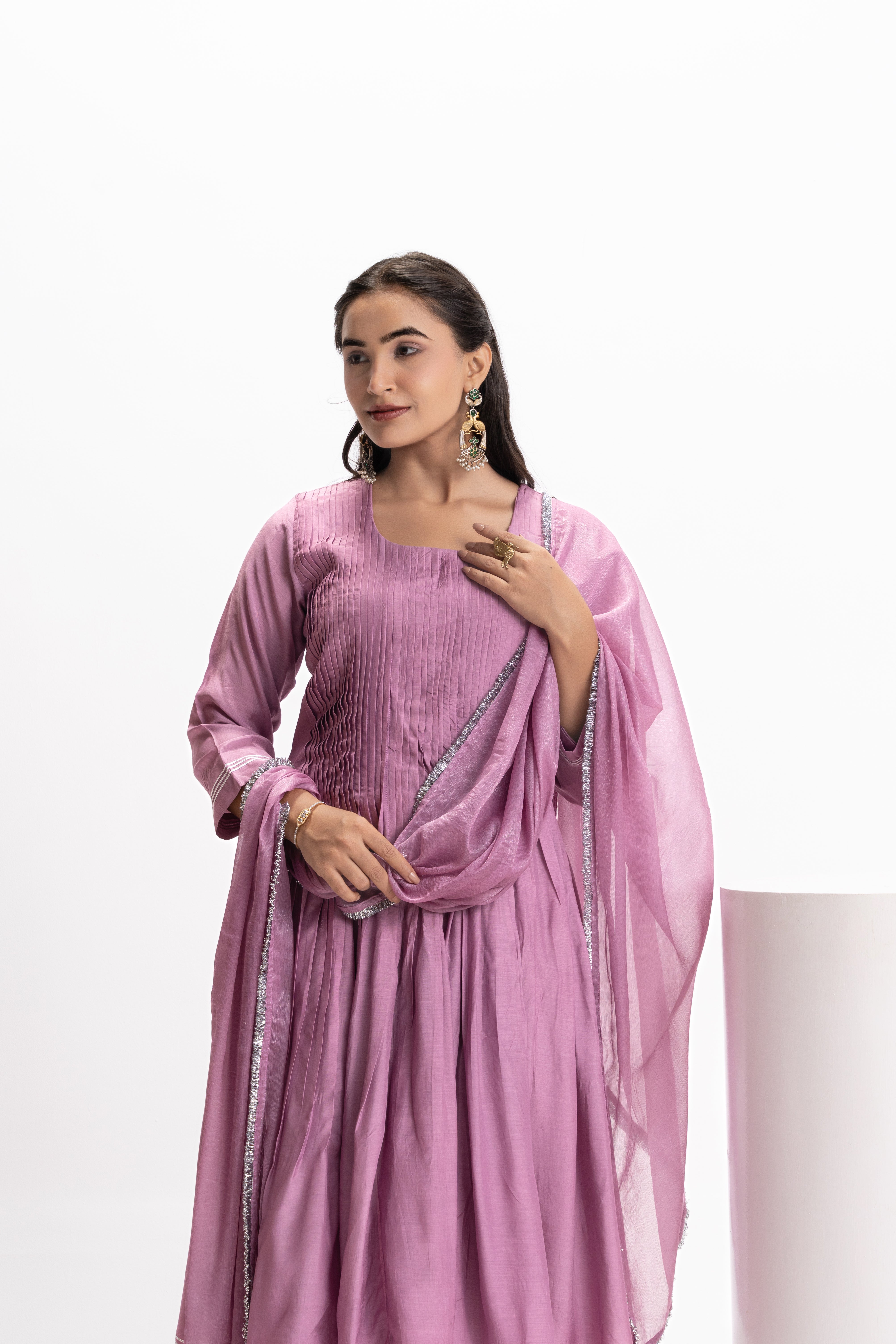PURPLE MUSLIN PLEATED KURTA SET