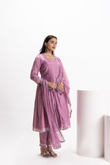 PURPLE MUSLIN PLEATED KURTA SET