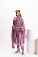 PURPLE MUSLIN PLEATED KURTA SET