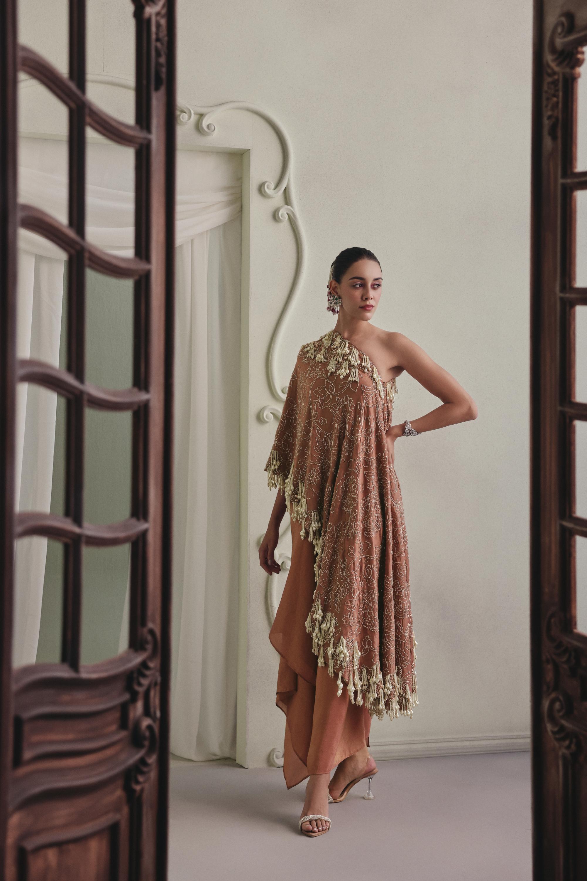 Pearl Drape One-Shoulder Set