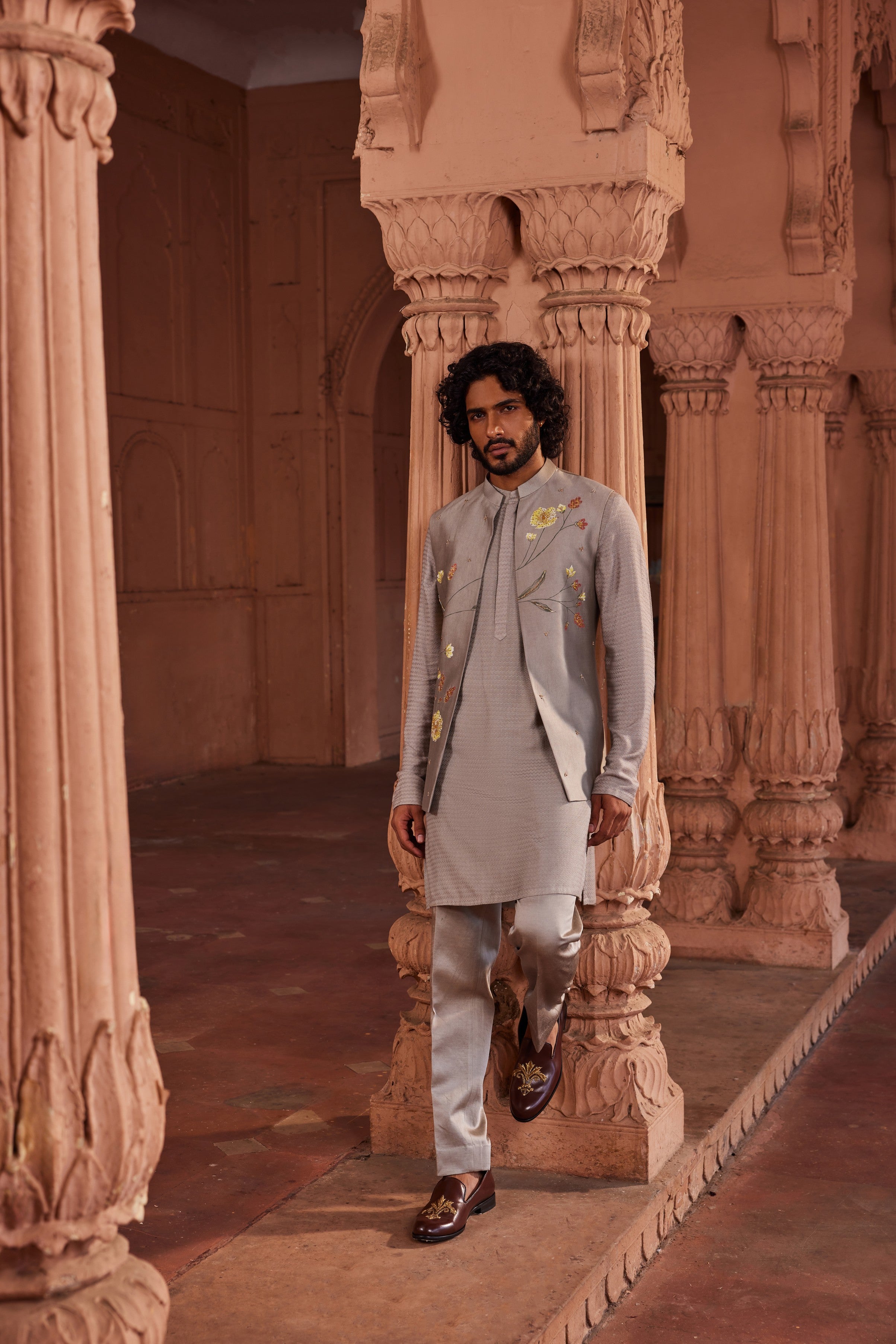 Dusty Olive Handpaint Nehru Jacket Set