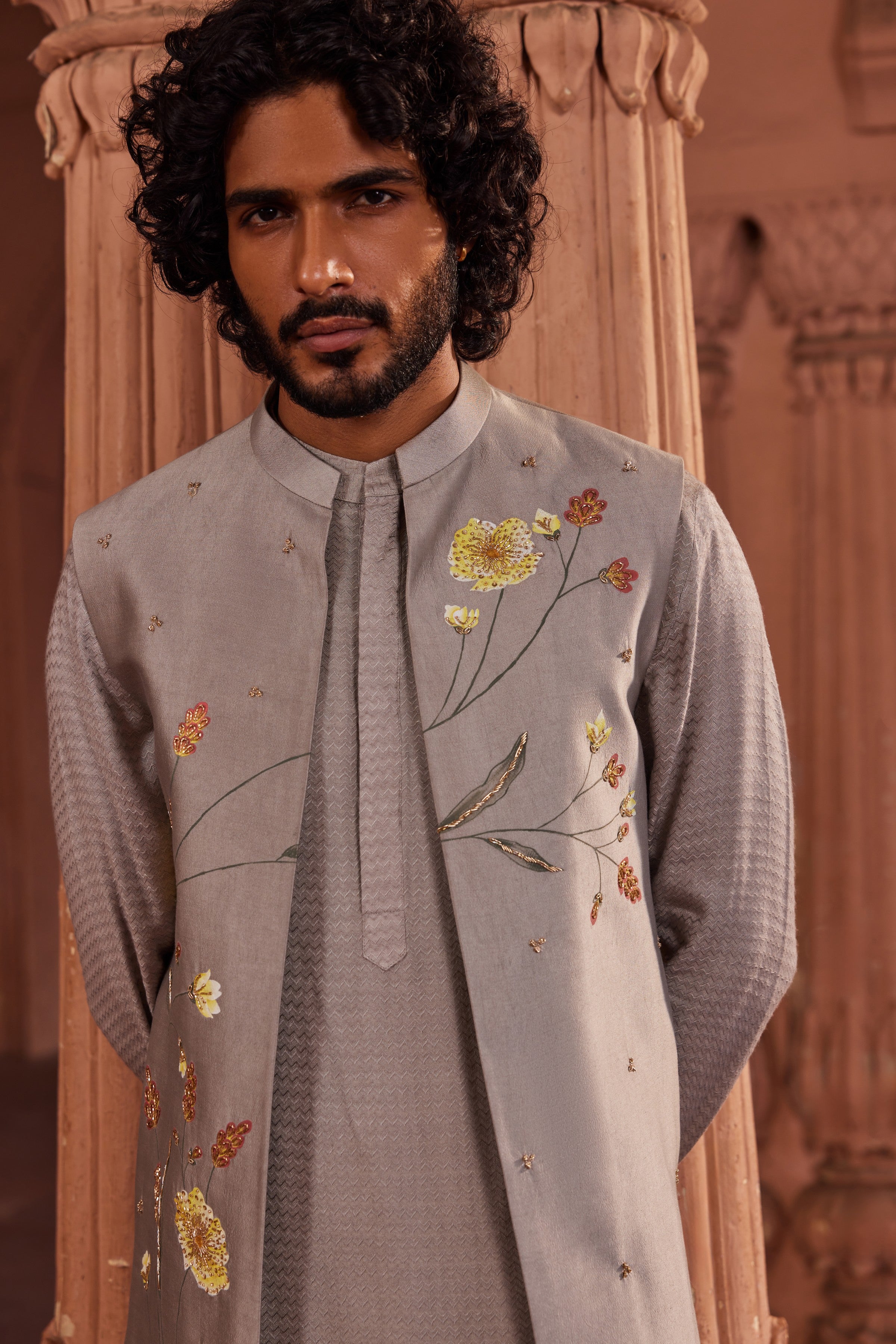 Dusty Olive Handpaint Nehru Jacket Set