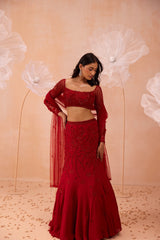 Red Fishtail  Lehanga Set