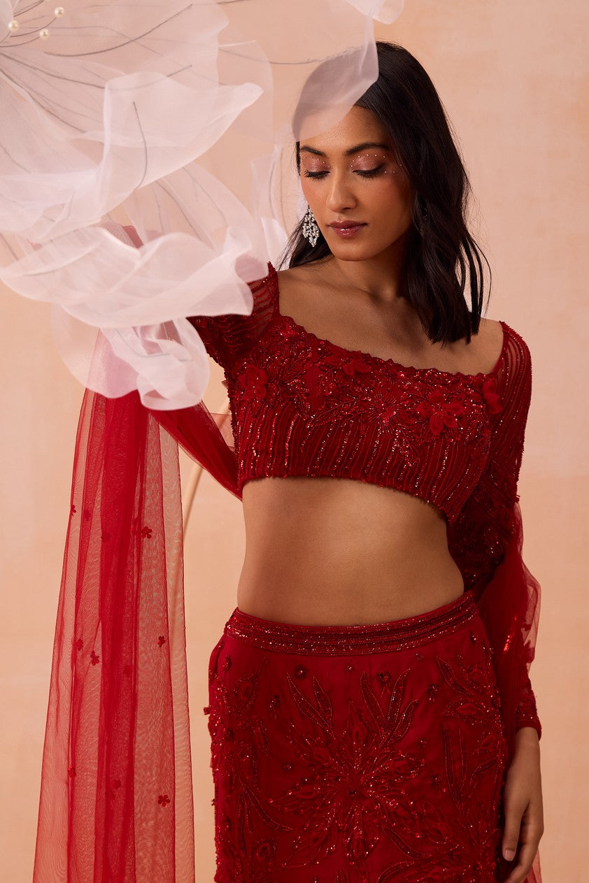 Red Fishtail  Lehanga Set