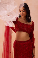 Red Fishtail  Lehanga Set