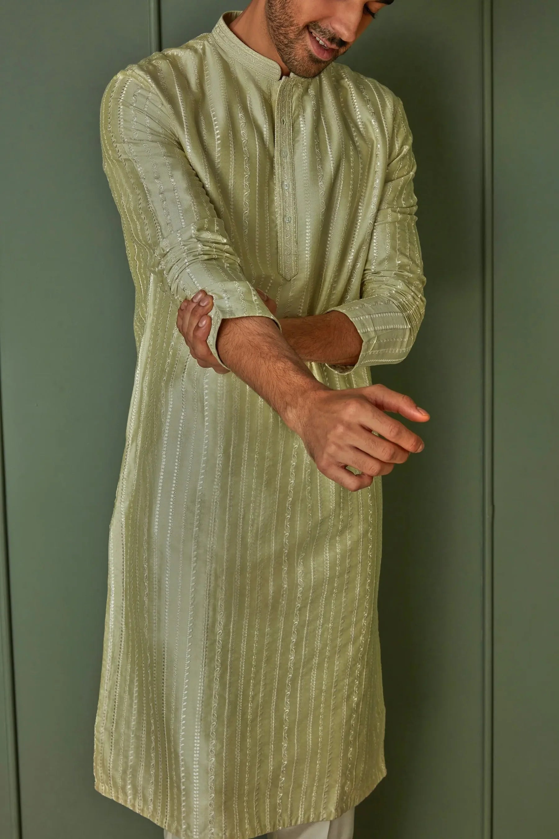 Lime Striped Resham Fusion Tussar Silk Kurta