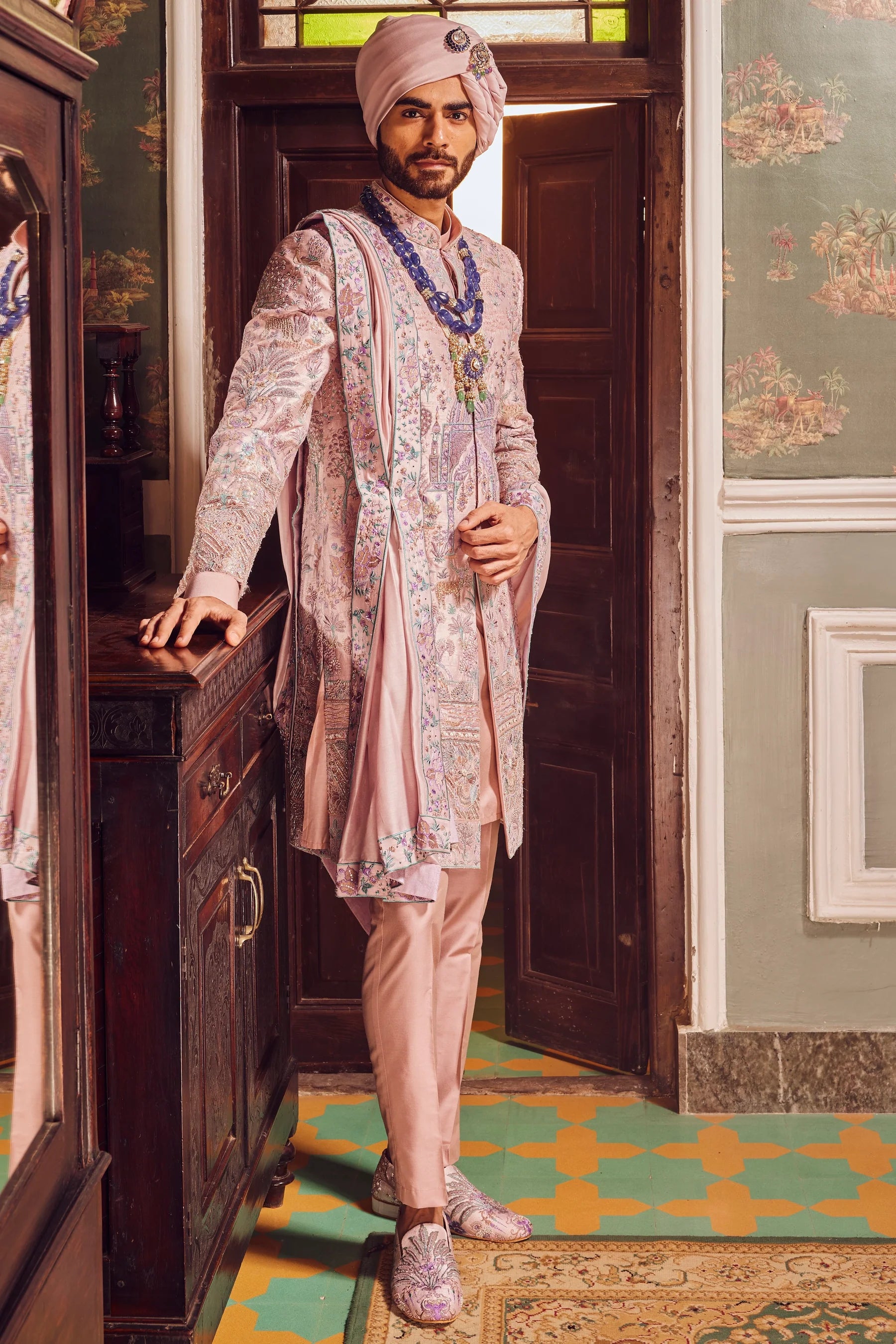 Raw Silk Pink Panel Embroidered Sherwani