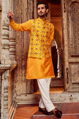 Haldi Raw Silk Mirror Embellished Bundi Set
