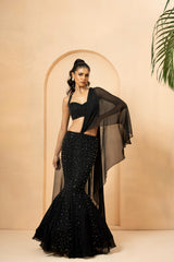 Black embroidered fishtil lehenga with drape dupatta