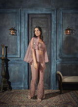 Slit sleeve Cape, Bustier, Boot-cut Pants