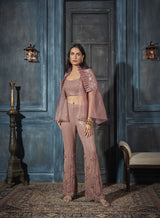 Slit sleeve Cape, Bustier, Boot-cut Pants