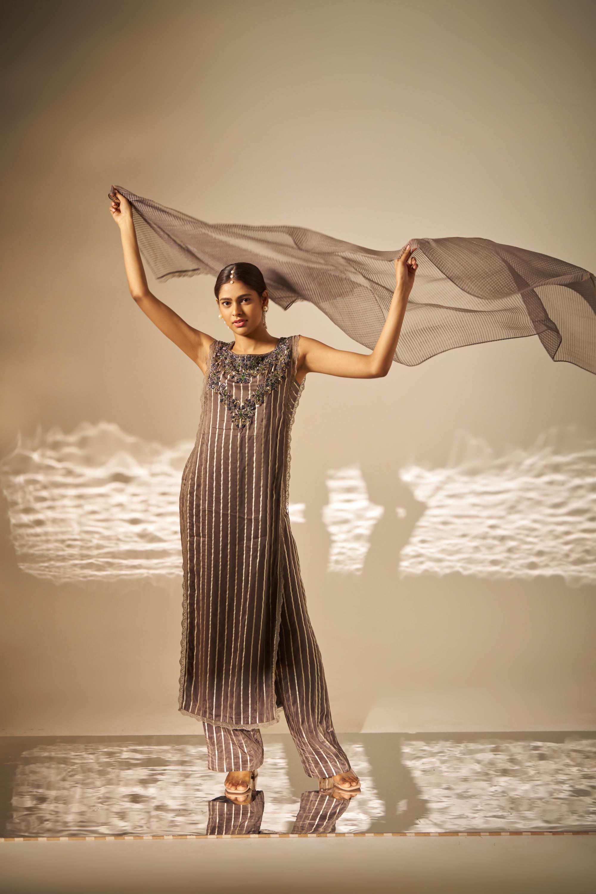 Tejasvini- Striped Embroidered Kurta Set