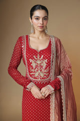 Red benarasi butti kurta pants set