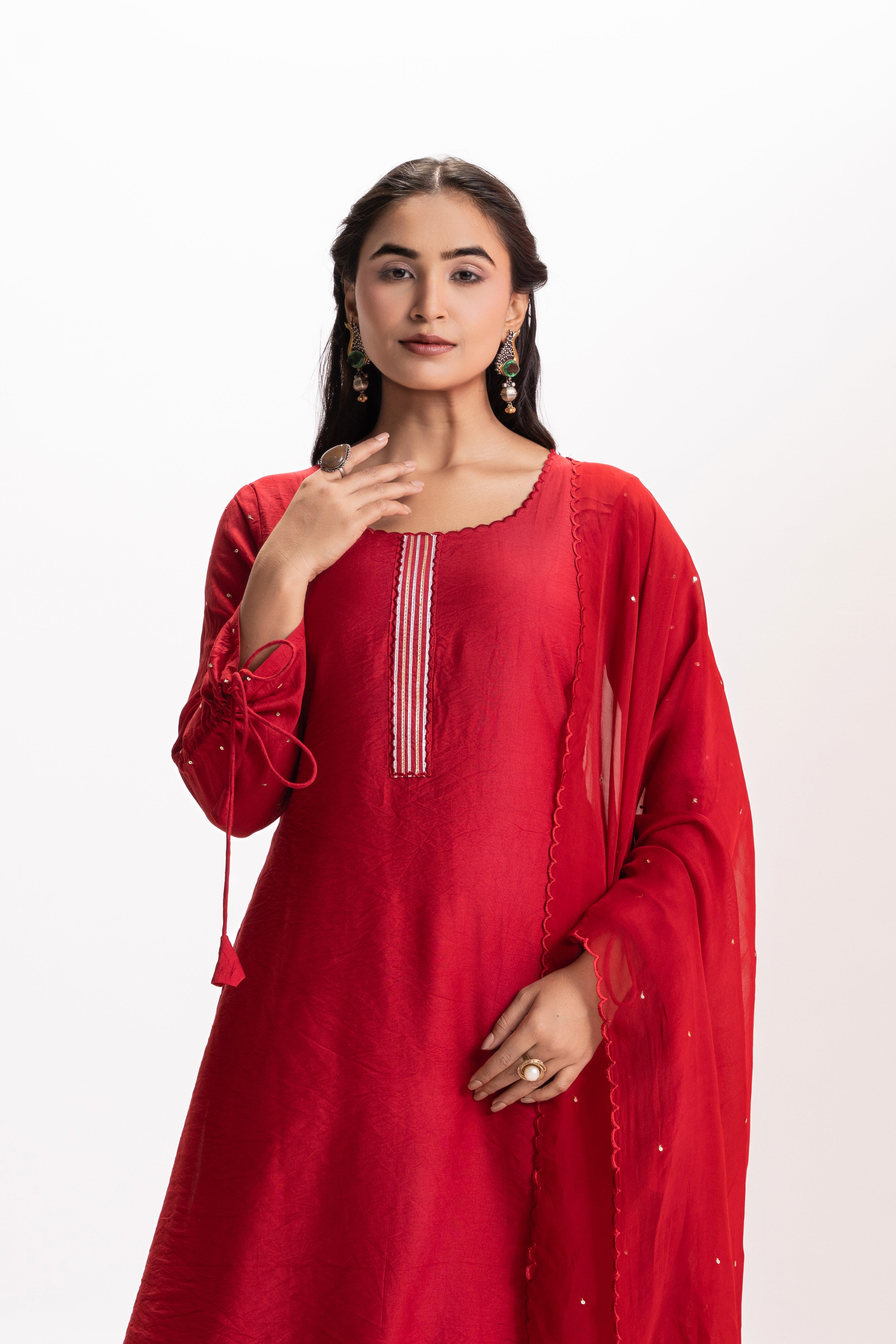 RED SCALLOPED FESTIVE KURTA SET