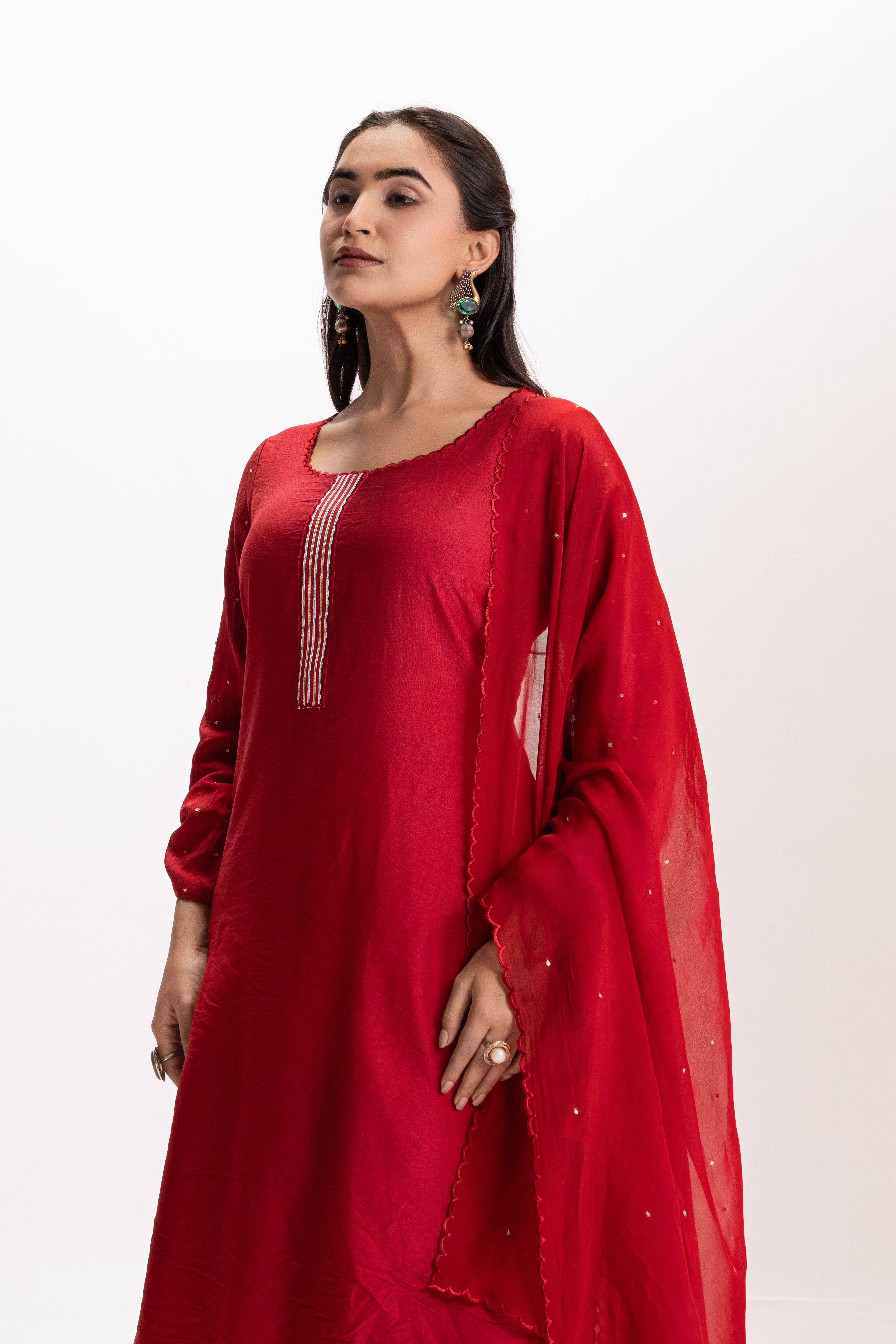 RED SCALLOPED FESTIVE KURTA SET