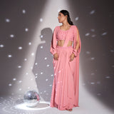 Pre-draped dhoti saree + Heavy slit-sleeved blouse