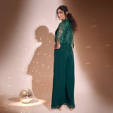 Flare Jumpsuit+ embroidered sheer cape