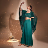 draped long cape+ embroidered bustier +embellished palazzo