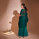 draped long cape+ embroidered bustier +embellished palazzo