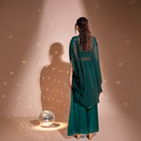 draped long cape+ embroidered bustier +embellished palazzo