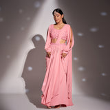 Pre-draped dhoti saree + Heavy slit-sleeved blouse