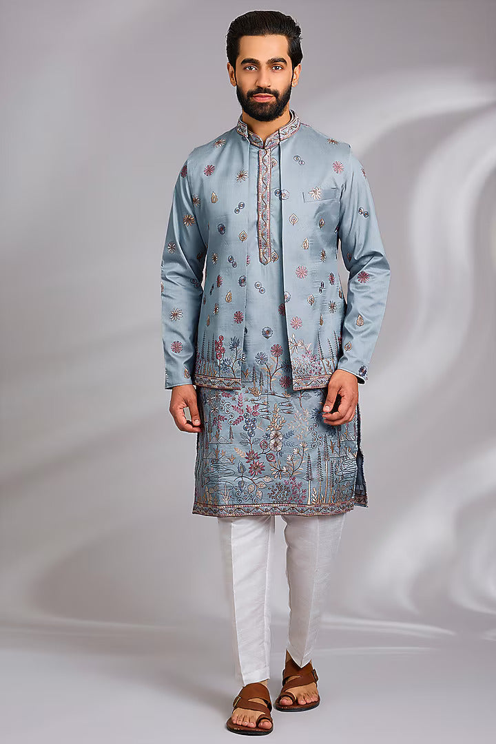 Sky Blue Embroidered Kurta-Jacket Set
