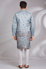 Sky Blue Embroidered Kurta-Jacket Set