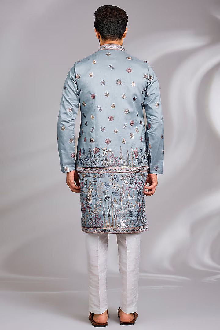 Sky Blue Embroidered Kurta-Jacket Set