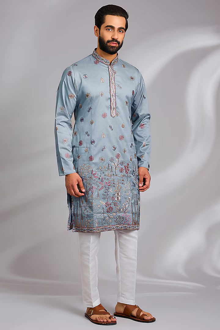 Sky Blue Embroidered Kurta-Jacket Set