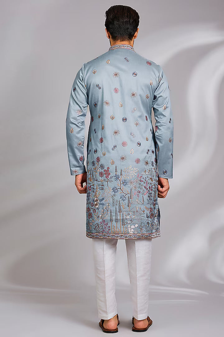 Sky Blue Embroidered Kurta-Jacket Set
