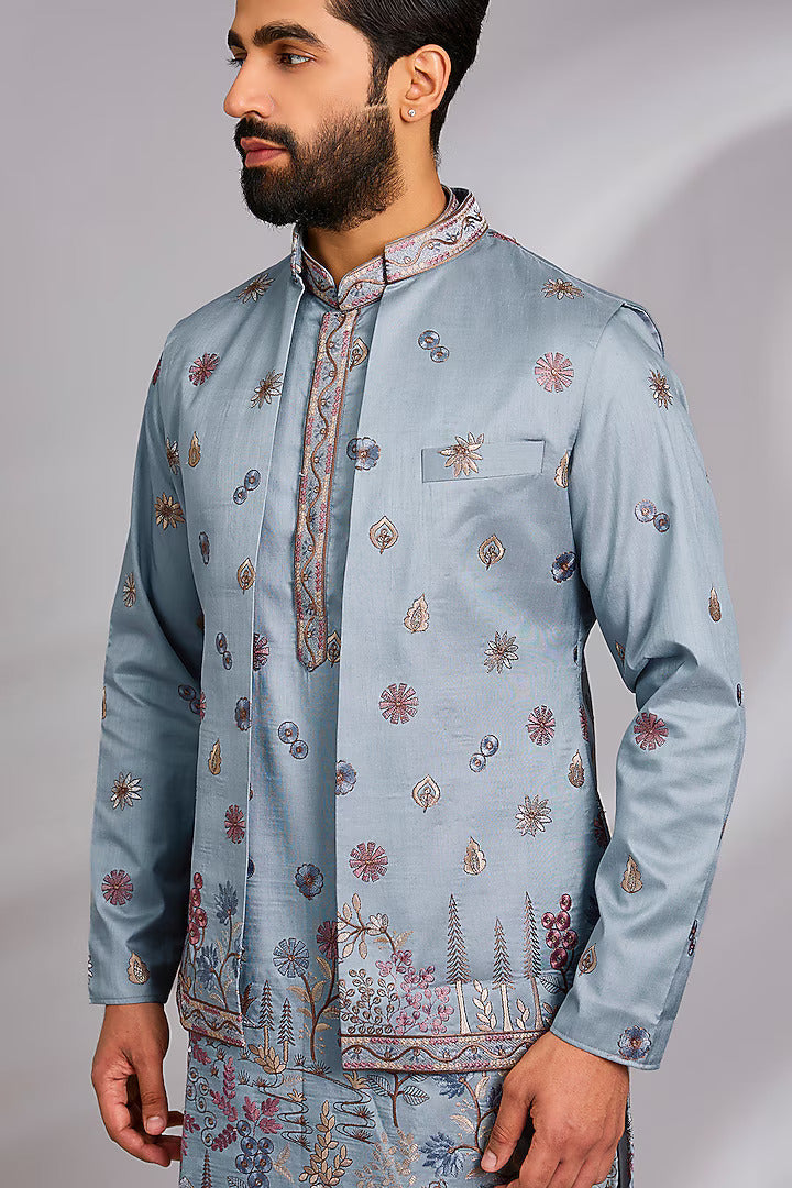 Sky Blue Embroidered Kurta-Jacket Set
