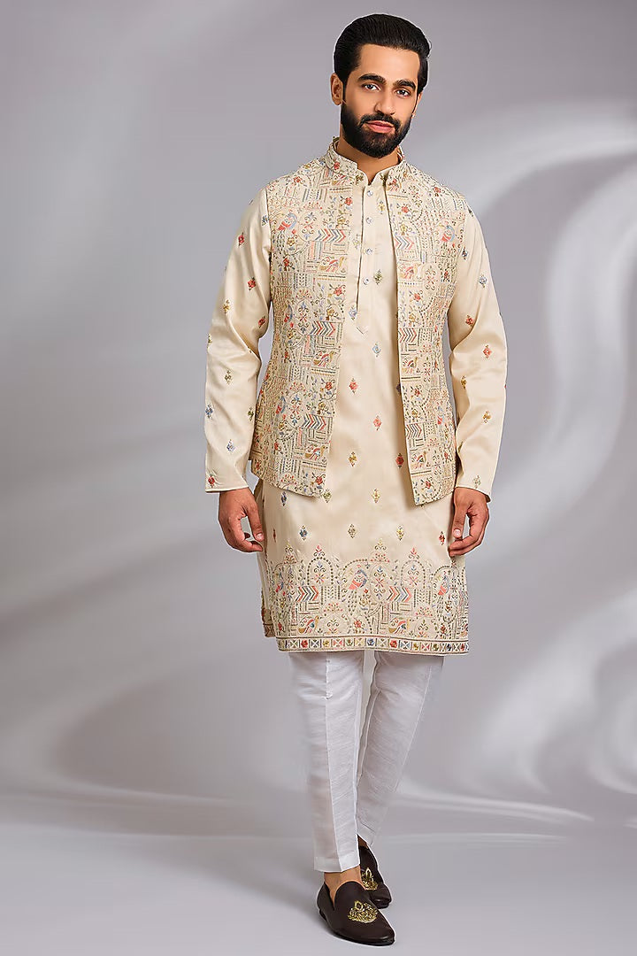 Beige Embroidered Kurta-Jacket Set