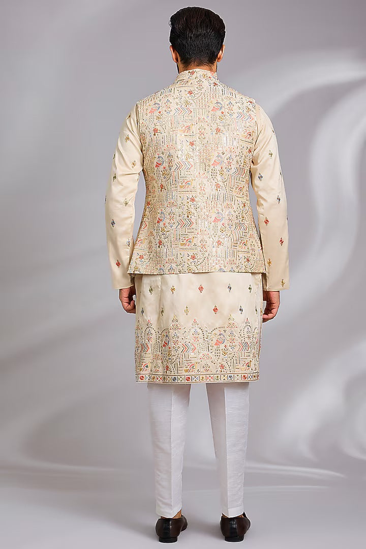 Beige Embroidered Kurta-Jacket Set