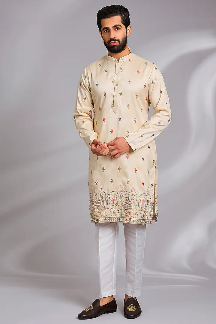 Beige Embroidered Kurta-Jacket Set