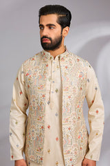 Beige Embroidered Kurta-Jacket Set