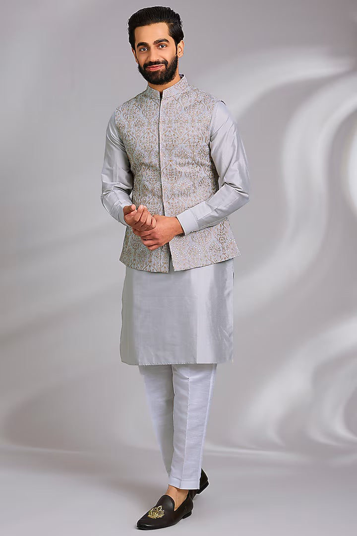 Grey Embroidered Kurta-Jacket Set