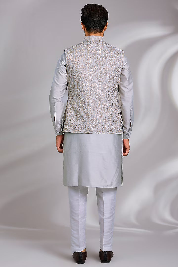 Grey Embroidered Kurta-Jacket Set